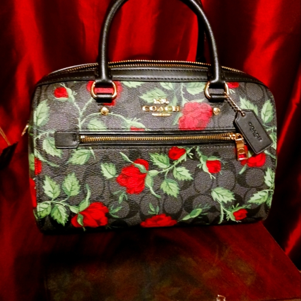 Coach Black and Red Floral Satchel